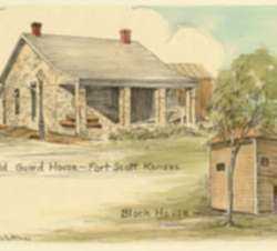 Print by Margaret Evelyn Whittemore: Old Guard House, Fort Scott, Kansas & Block House, represented by Childs Gallery