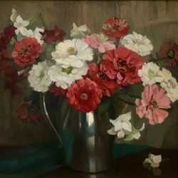 Painting by Marguerite Stuber Pearson: Still Life with Zinnias, available at Childs Gallery, Boston