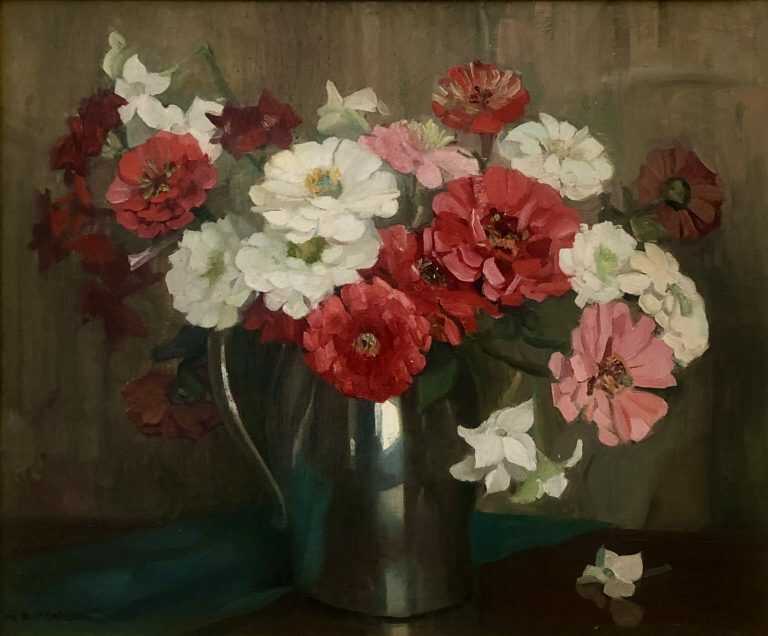 Painting by Marguerite Stuber Pearson: Still Life with Zinnias, available at Childs Gallery, Boston