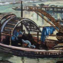 Mixed media by Marion Greenwood: Chinese Sampan, represented by Childs Gallery