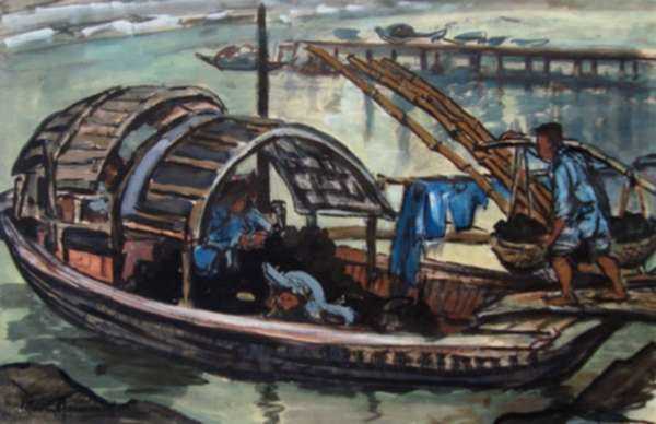 Mixed media by Marion Greenwood: Chinese Sampan, represented by Childs Gallery