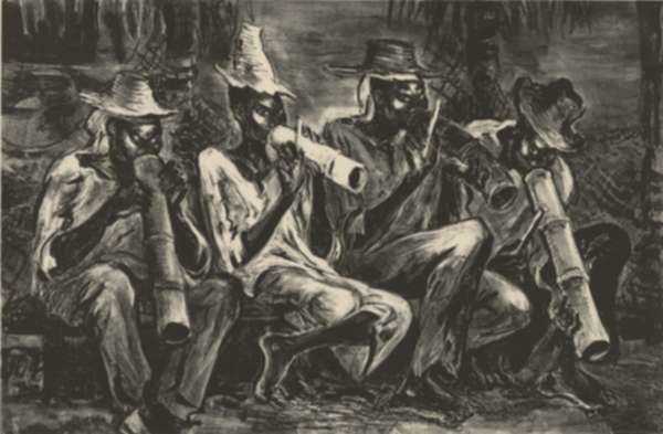 Print by Marion Greenwood: Musicians in Haiti, represented by Childs Gallery
