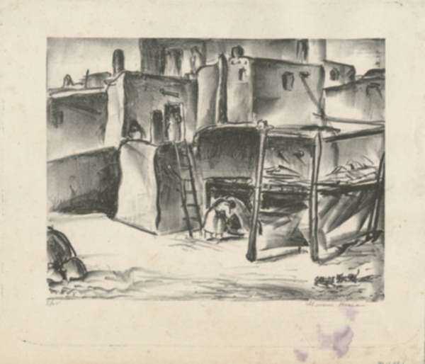 Print by Marion Huse: In Taos Pueblo, represented by Childs Gallery