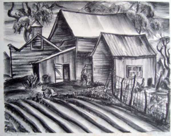 Print by Marion Huse: My Neighbor's Barns, represented by Childs Gallery