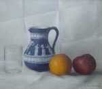 Painting by Marion Patten: Still Life with Tumbler, Wedgewood Pitcher and Fruit, represented by Childs Gallery