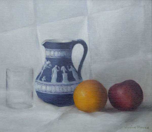 Painting by Marion Patten: Still Life with Tumbler, Wedgewood Pitcher and Fruit, represented by Childs Gallery