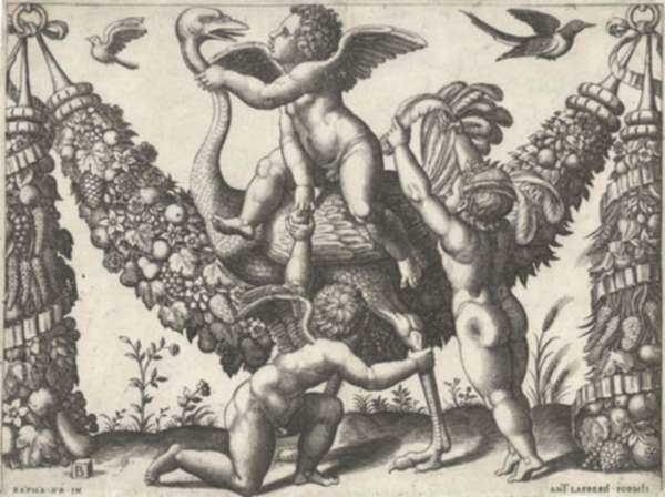 Print by Master of the Die: Three Putti Playing with an Ostrich,  from a set of four tap, represented by Childs Gallery