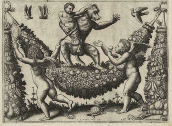 Print by Master of the Die: Two Putti Mocking a Monkey, from a set of four tapestries fo, represented by Childs Gallery