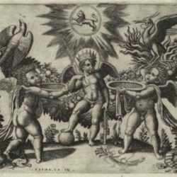 Print by Master of the Die: Two Putti Presenting Cups Full of Gold to the God of Riches,, represented by Childs Gallery
