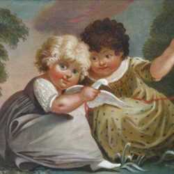 Painting by Michele Felice Corne: Two Children at Play with a White Bird, represented by Childs Gallery