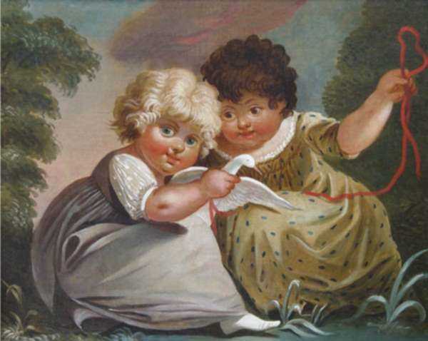 Painting by Michele Felice Corne: Two Children at Play with a White Bird, represented by Childs Gallery