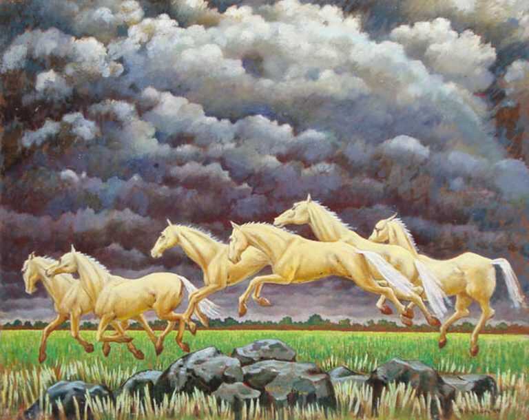 Painting by Molly Luce: Horses Under Two Rainbows, available at Childs Gallery, Boston