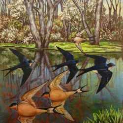 Painting By Molly Luce: Blue And Orange Birds In Spring At Childs Gallery