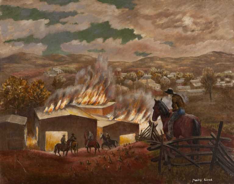 Painting By Molly Luce: Fire In Tobbaco Barn At Childs Gallery