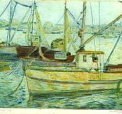 Print by Mortimer Borne: The Boats Sheepshead Bay [Brooklyn, New York], represented by Childs Gallery