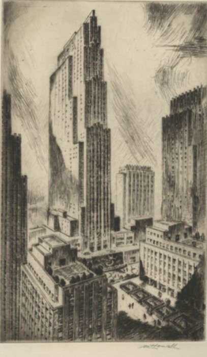 Print by Nat Lowell: Rockefeller Center, represented by Childs Gallery