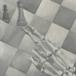 Painting by Natalie Hays Hammond: [Skeleton Playing Chess], represented by Childs Gallery