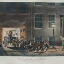 Print by Nathaniel Currier: Life of a Fireman: The Night Alarm - "Start her lively boys", represented by Childs Gallery