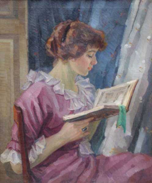 Painting by Oscar Fehrer: Woman in Profile Reading, represented by Childs Gallery