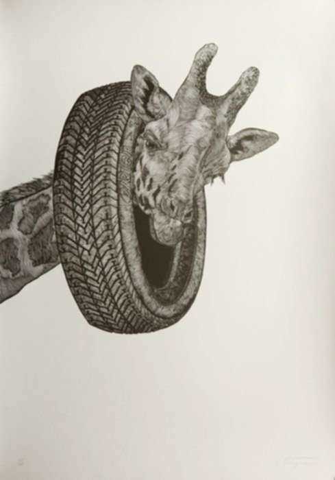 Print by Osmeivy Ortega Pacheco: [Giraffe with Tire], represented by Childs Gallery