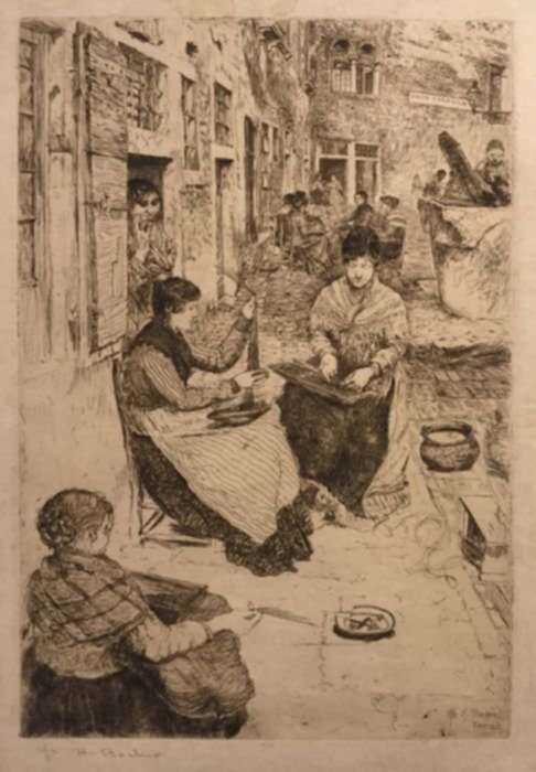 Print by Otto Bacher: Bead Stringers, Perleria, Venice, represented by Childs Gallery