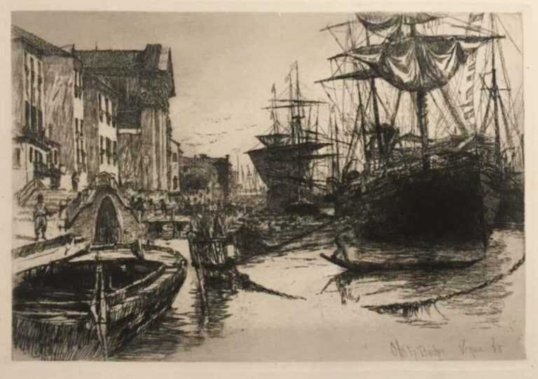 Print by Otto Bacher: Fondamenta Delle Zatterre or View in Venice, represented by Childs Gallery