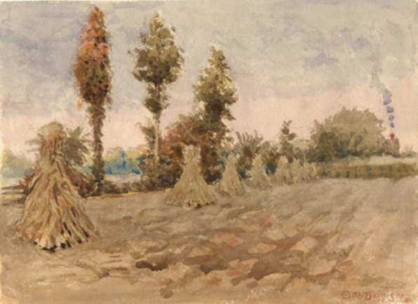 Watercolor by Otto Heinigke: [Cornstacks in a Row], represented by Childs Gallery