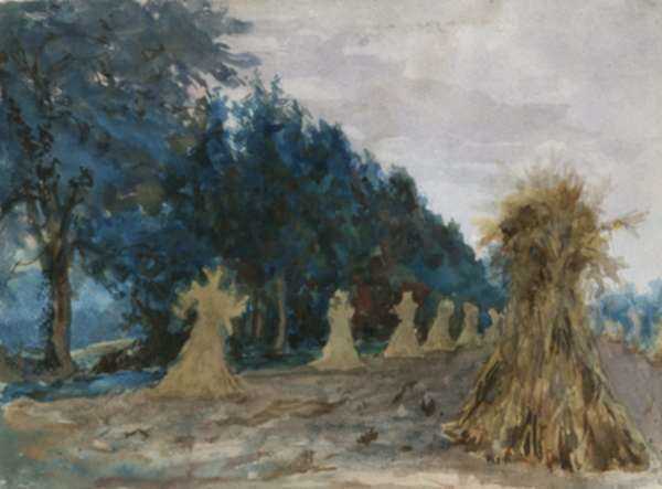 Watercolor by Otto Heinigke: [Cornstacks in the Woods], represented by Childs Gallery