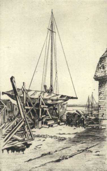 Print by Paul Lameyer: Camden, Maine, Boatbuilders Yard, represented by Childs Gallery