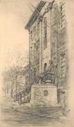 Print by Paul Lameyer: Statue of John Harvard [Harvard University, Cambridge, Massa, represented by Childs Gallery