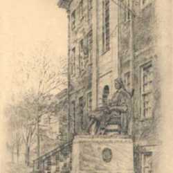 Print by Paul Lameyer: Statue of John Harvard [Harvard University, Cambridge, Massa, represented by Childs Gallery