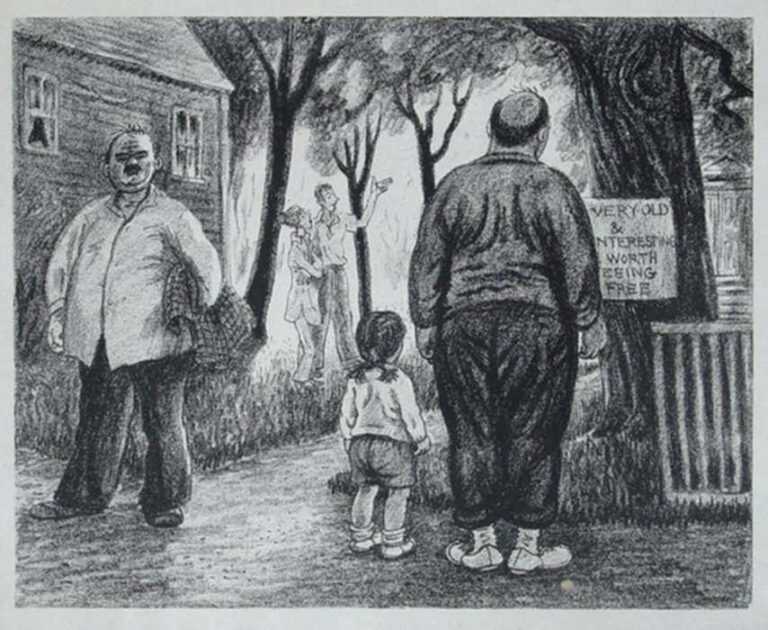 Print by Peggy Bacon: The Sights of the Town [Provincetown, MA], represented by Childs Gallery