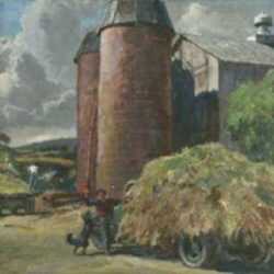 Watercolor by Peter Clarence Helck: Hay Wagon with Silos, represented by Childs Gallery