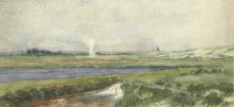 Watercolor By Peter Moran: Lausam Geyser, Yellowstone At Childs Gallery