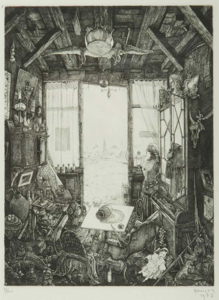 Print by Philippe Mohlitz: C'est arrivé a la antiquaire, available at Childs Gallery, Boston