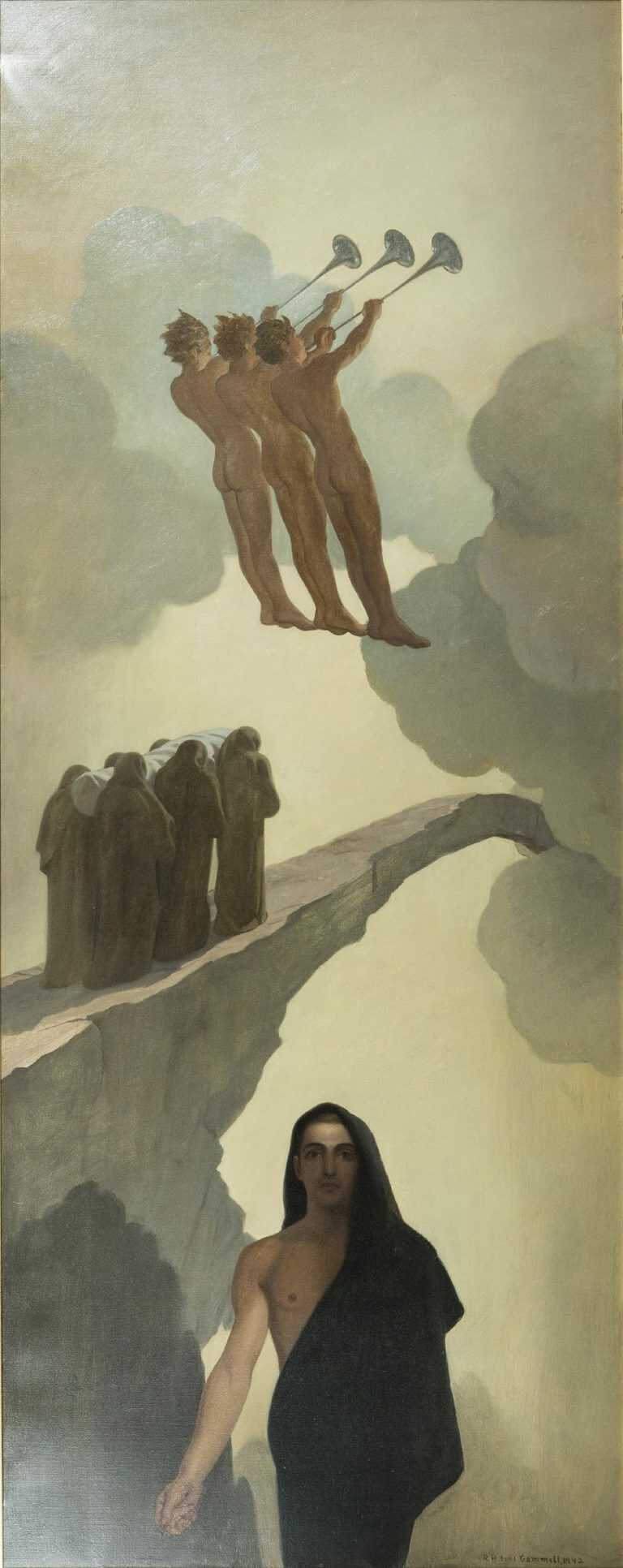 Painting by R.H. Ives Gammell: Yet ever and anon a trumpet sounds: Study for Hound of the Heavens, Panel XIX, available at Childs Gallery, Boston