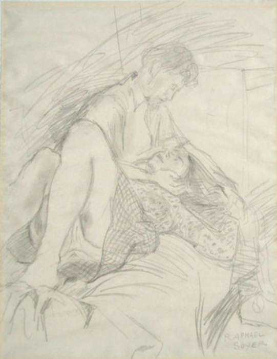 Drawing by Raphael Soyer: [Two Figures Embracing], represented by Childs Gallery