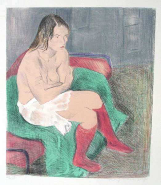 Print by Raphael Soyer: Woman in Red Stockings, represented by Childs Gallery