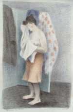 Print by Raphael Soyer: Young Woman Drying Herself, or Behind Screen, represented by Childs Gallery