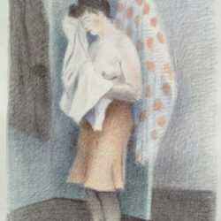 Print by Raphael Soyer: Young Woman Drying Herself, or Behind Screen, represented by Childs Gallery