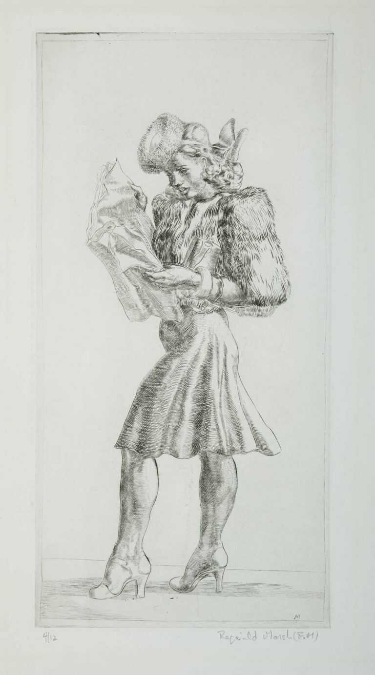 Print By Reginald Marsh: Girl In Fur Jacket Reading Tabloid At Childs Gallery