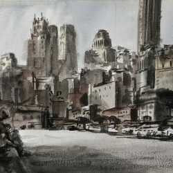 Watercolor By Reginald Marsh: Manhattan Skyline At Childs Gallery