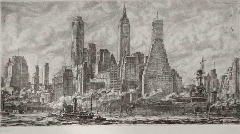 Print by Reginald Marsh: Skyline from Pier 10 Brooklyn, represented by Childs Gallery