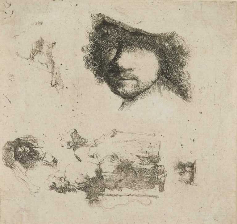 Print By Rembrandt Harmensz Van Rijn: Sheet Of Studies: Head Of Rembrandt, Beggar Couple, Heads Of Old Man And Old Woman, Etc. At Childs Gallery