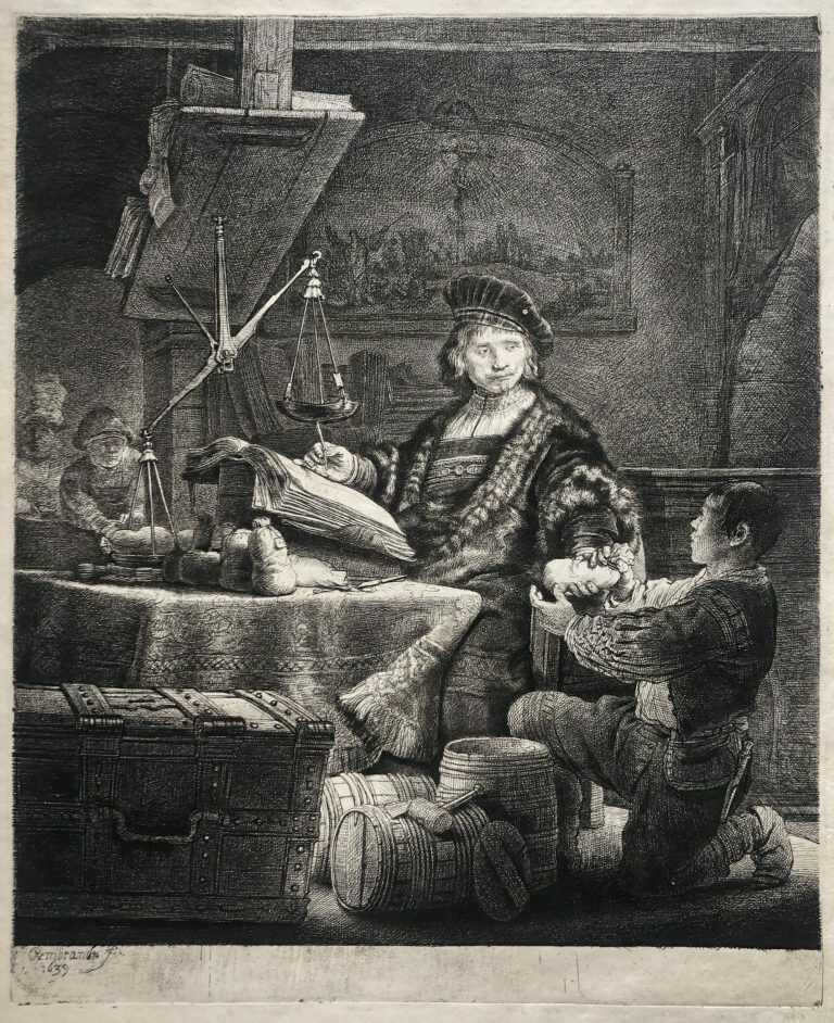 Print by Rembrandt: Jan Uytenbogaert, The Goldweigher, available at Childs Gallery, Boston