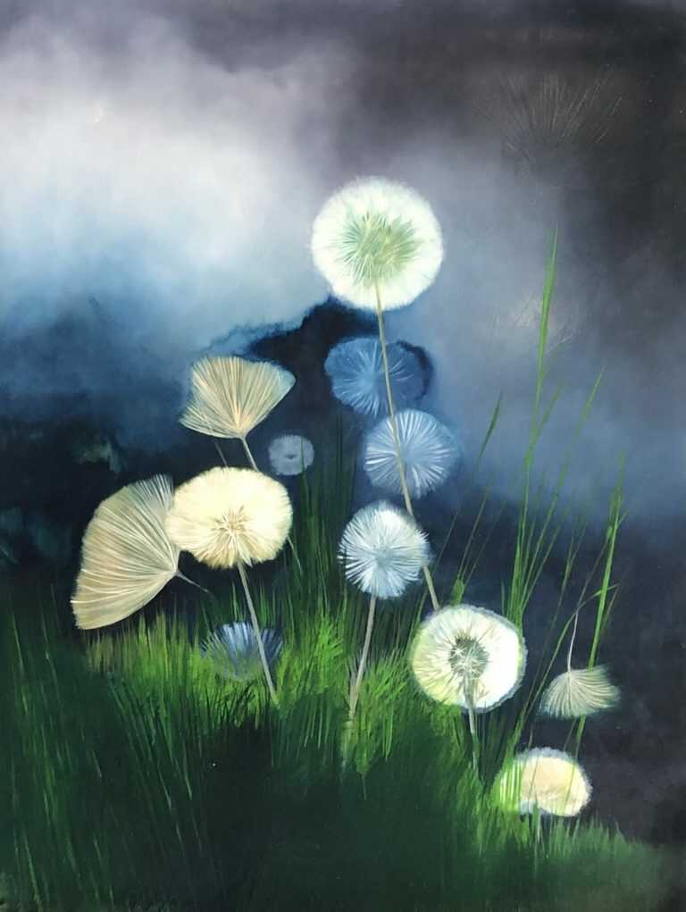 Work by Resa Blatman: Dandelions with Stormy Skies #1, available at Childs Gallery, Boston