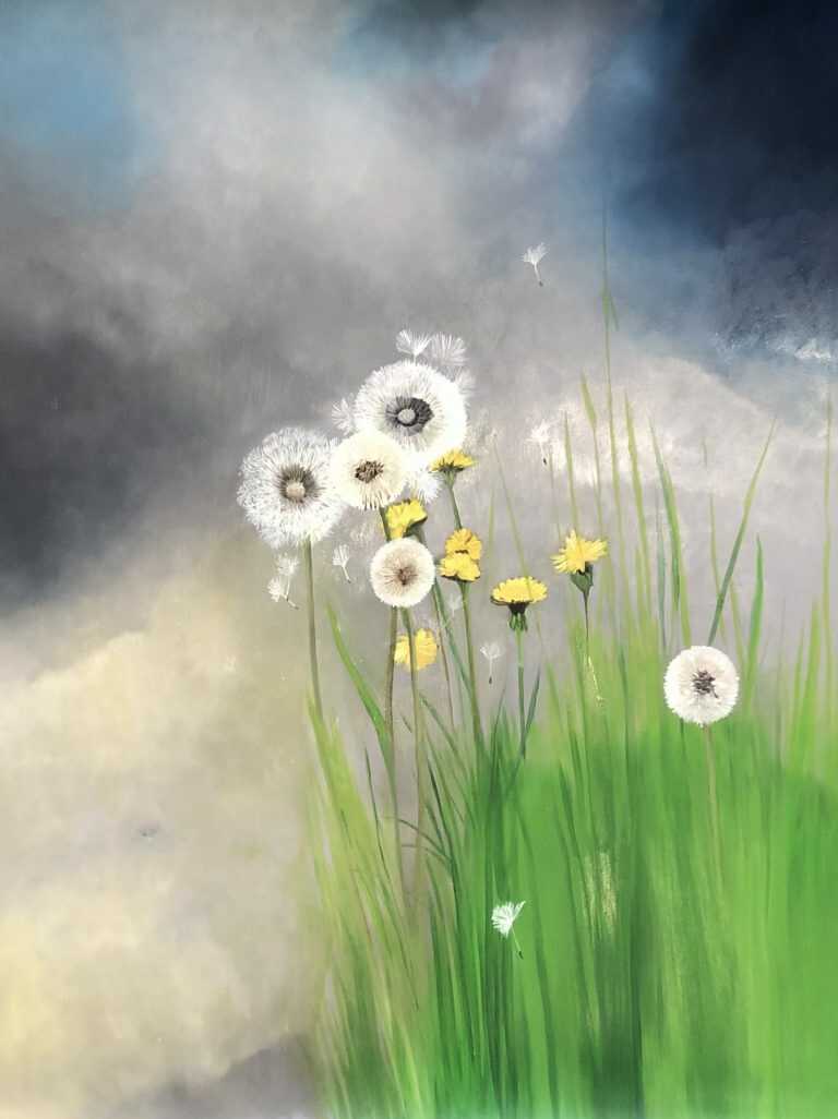 Painting by Resa Blatman: Dandelions with Stormy Skies #2, available at Childs Gallery, Boston