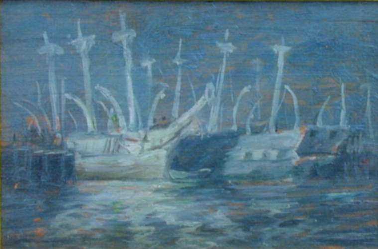 Painting by Reynolds Beal: Old Whalers at New Bedford, Massachusetts by Electric Light, represented by Childs Gallery