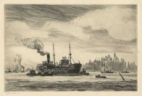 Print by Reynolds Beal: The Tanker [New York Harbor], represented by Childs Gallery
