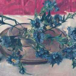 Painting by Richard Delano Briggs: Blue Flowers with Bunny, represented by Childs Gallery